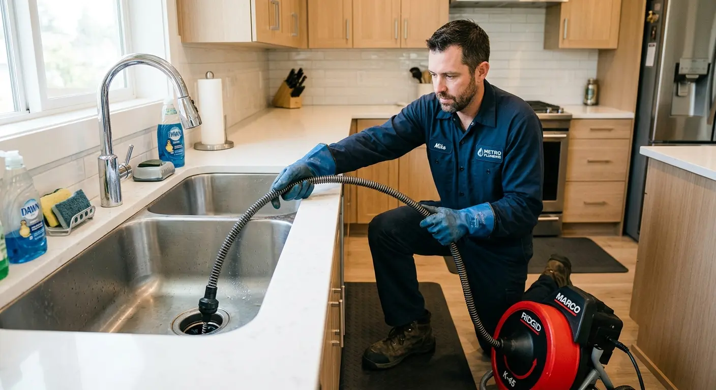 Drain cleaning technician using a motorized snake on a kitchen sink in Palmerton