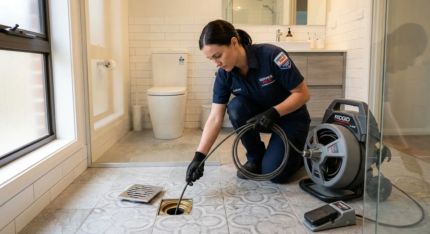 Technician clearing a bathroom floor drain for Sewer Line Installation in Palmerton